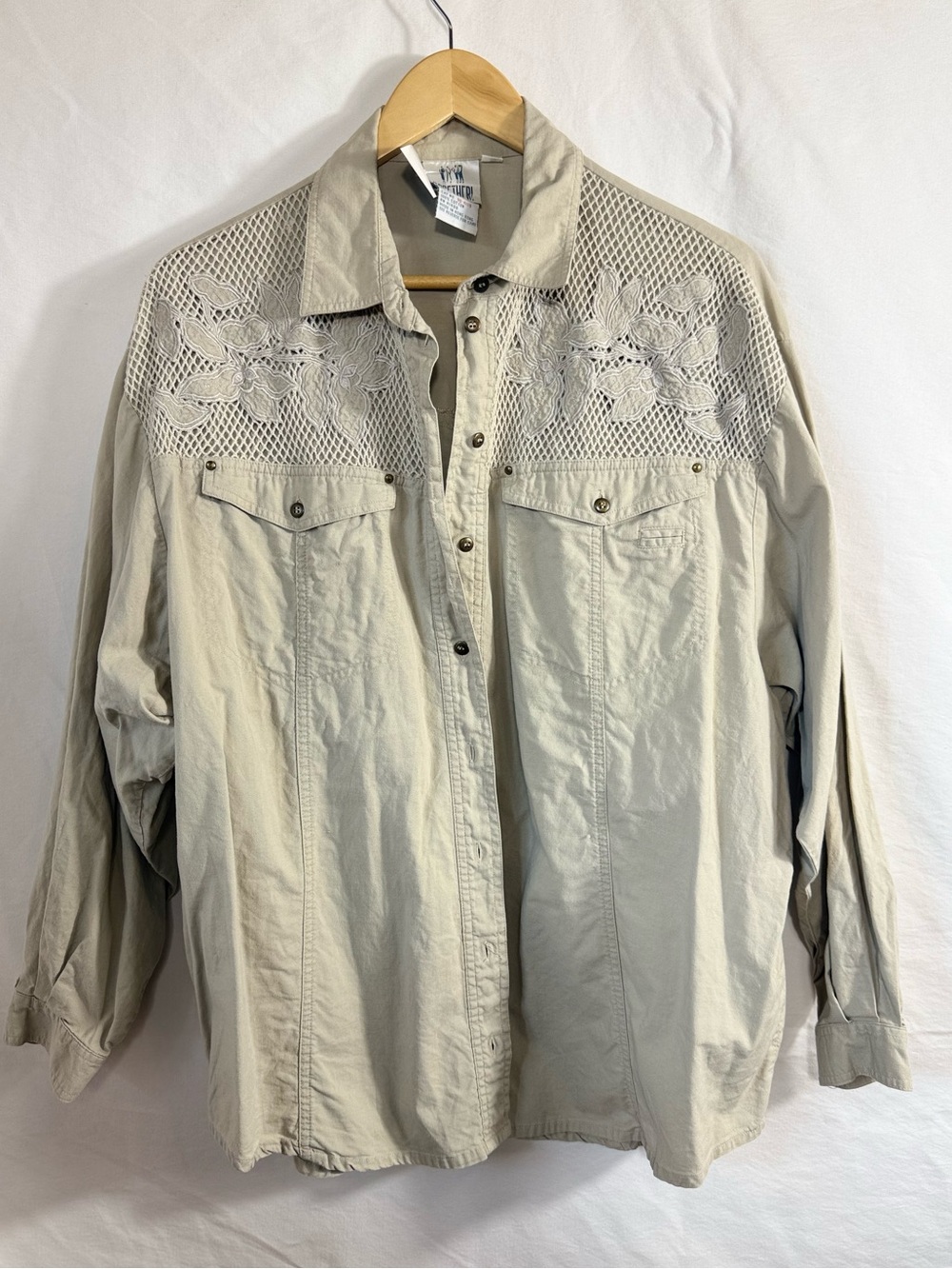 Together VTG Beige Long-Sleeve 100% Cotton Button-Down Shirt/ Jacket w/Lace Yoke